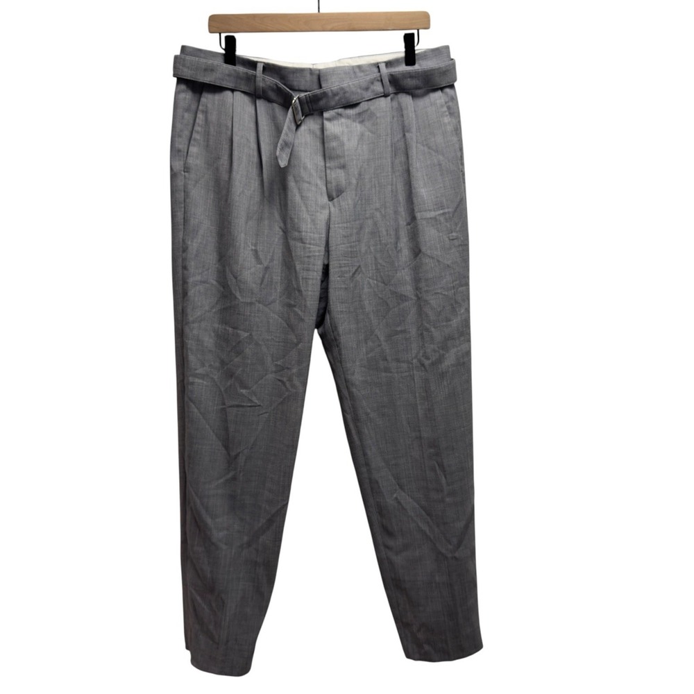 Reiss Mens 34x30 Light Gray Wool Tapered Leg Belted Stretch Dress Pants Portugal